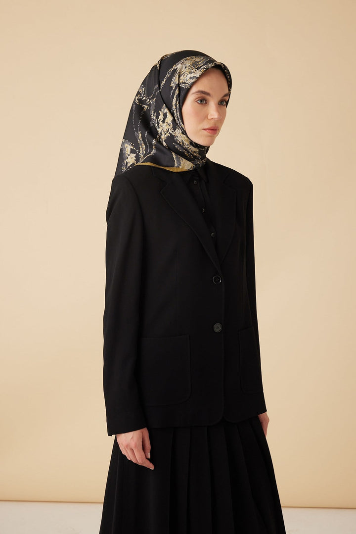 CEVLAN MULBERRY İPEK EŞARP 90*90 CM - GOLD SİYAH - Görsel 4