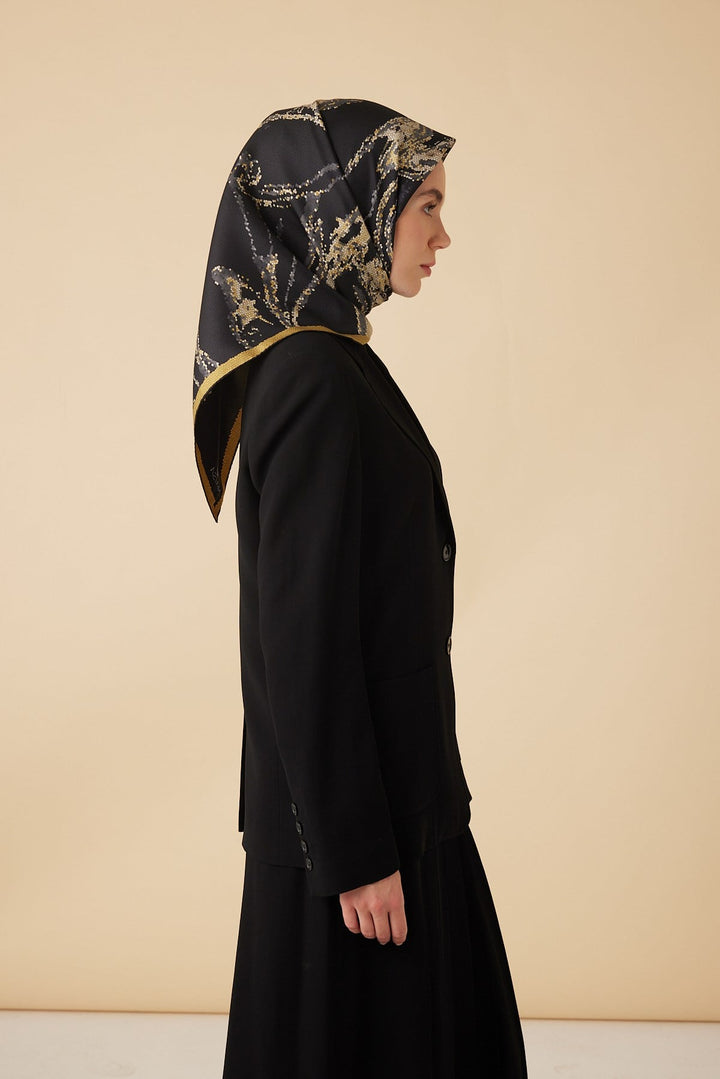 CEVLAN MULBERRY İPEK EŞARP 90*90 CM - GOLD SİYAH - Görsel 5