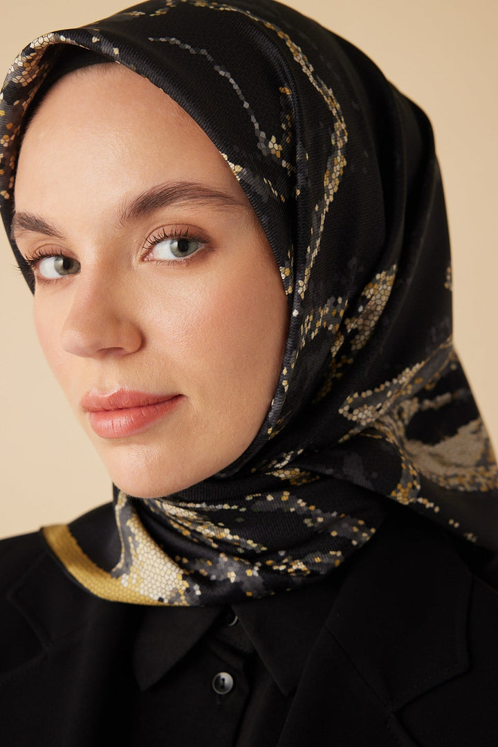 CEVLAN MULBERRY İPEK EŞARP 90*90 CM - GOLD SİYAH - Görsel 7