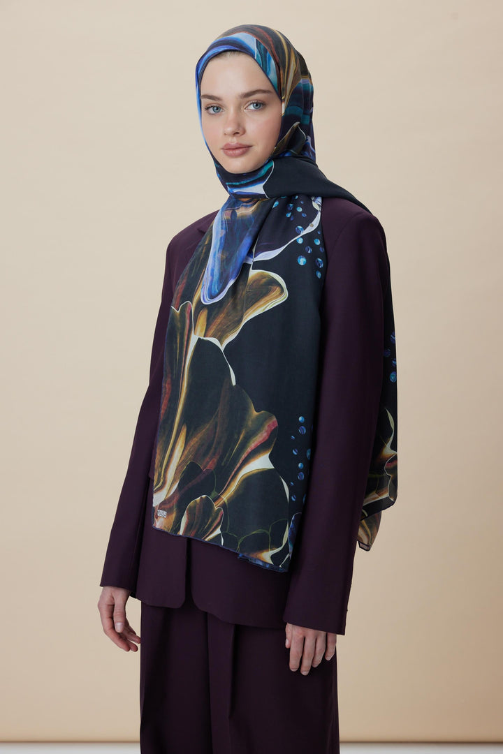 Maisa MEVCE PAMUK İPEK ŞAL 70*190 CM - GOLD LACİVERT