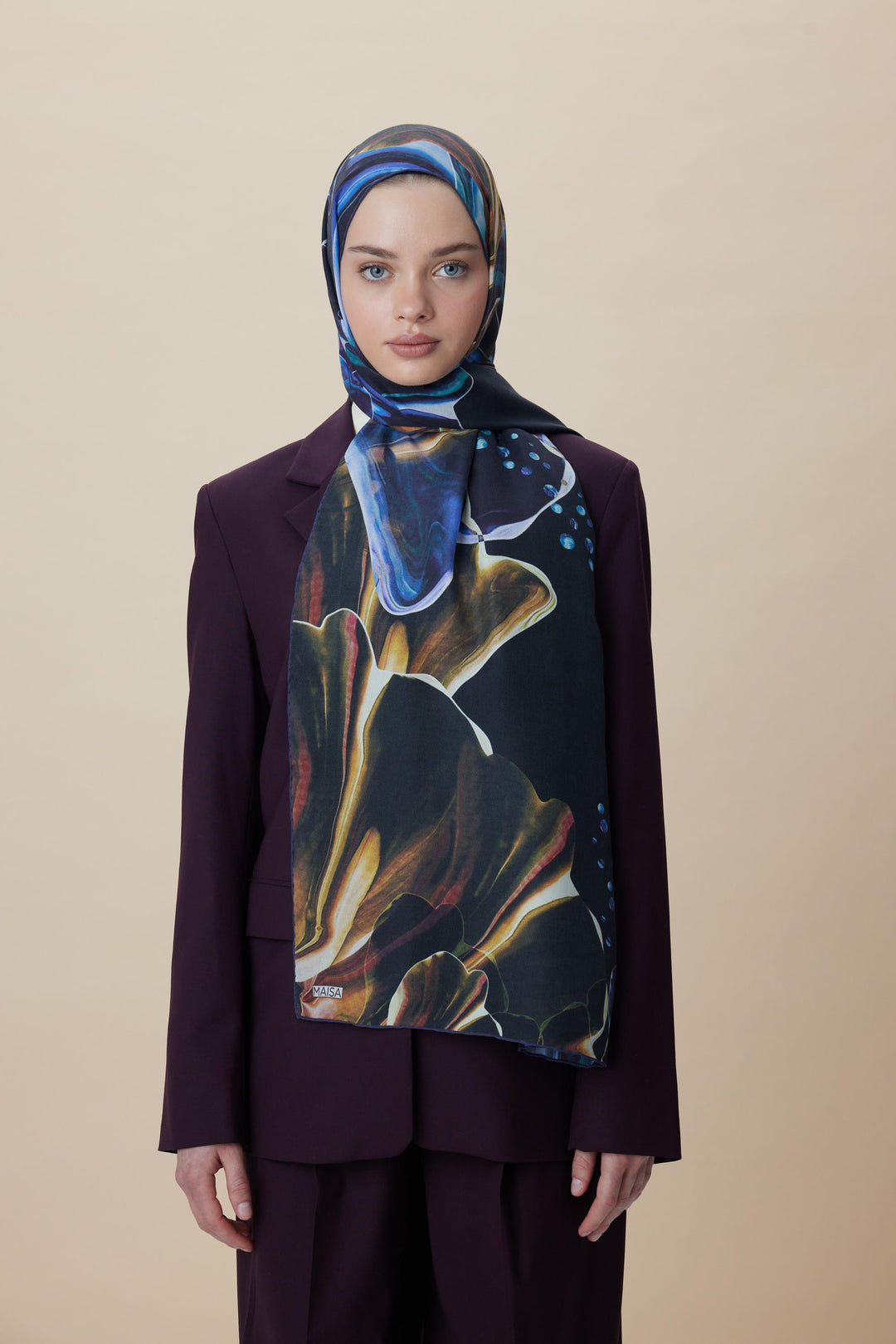 Maisa MEVCE PAMUK İPEK ŞAL 70*190 CM - GOLD LACİVERT