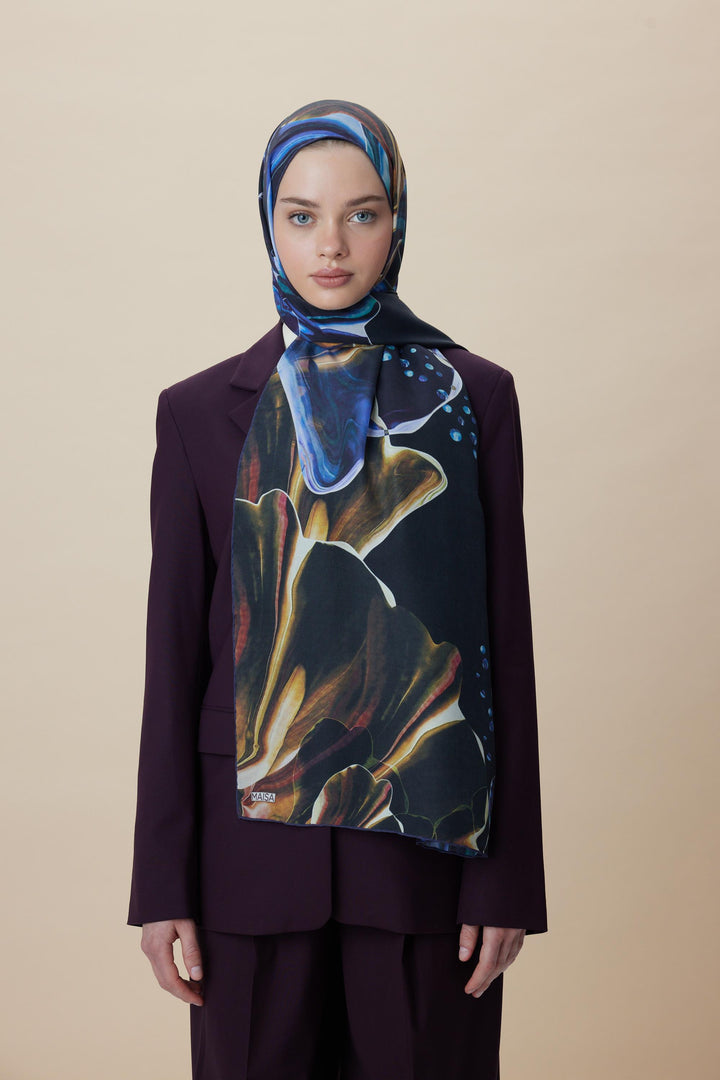 Maisa MEVCE PAMUK İPEK ŞAL 70*190 CM - GOLD LACİVERT
