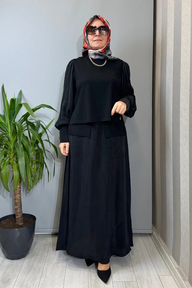 Miss Dalida Balon Cupro Kollu Triko Takım Siyah T26Y-6034 (T26Y-2018) - Siyah - Görsel 1 #renk_siyah