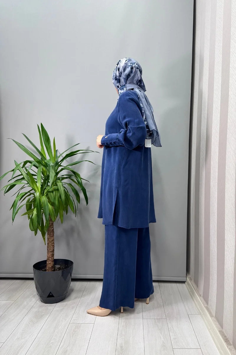 Miss Dalida Beli Lastikli Bol Paça Cupro Pantolon Mavi T25Y- 7007