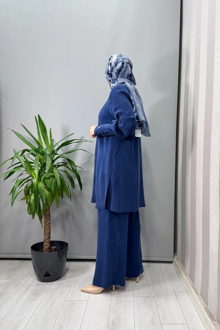 Miss Dalida Beli Lastikli Bol Paça Cupro Pantolon Mavi T25Y- 7007