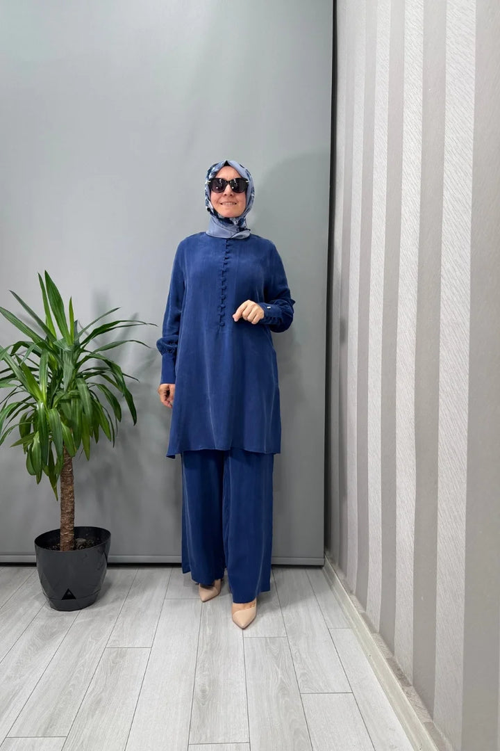 Miss Dalida Beli Lastikli Bol Paça Cupro Pantolon Mavi T25Y- 7007
