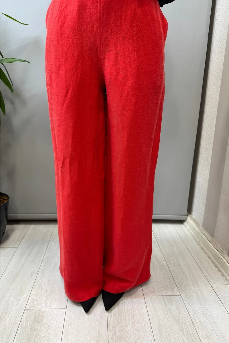Miss Dalida Cepli İpek Keten Bol Paça Pantolon 2267351 - Kırmızı - Görsel 1 