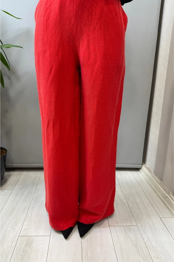 Miss Dalida Cepli İpek Keten Bol Paça Pantolon 2267351 - Kırmızı - Görsel 1 