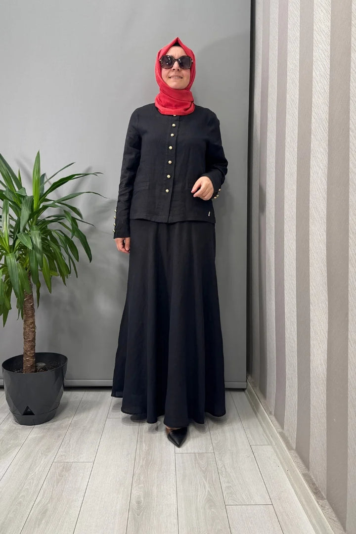 Miss Dalida Düz Renk Keten Kısa Ceket Siyah T25Y- 8048