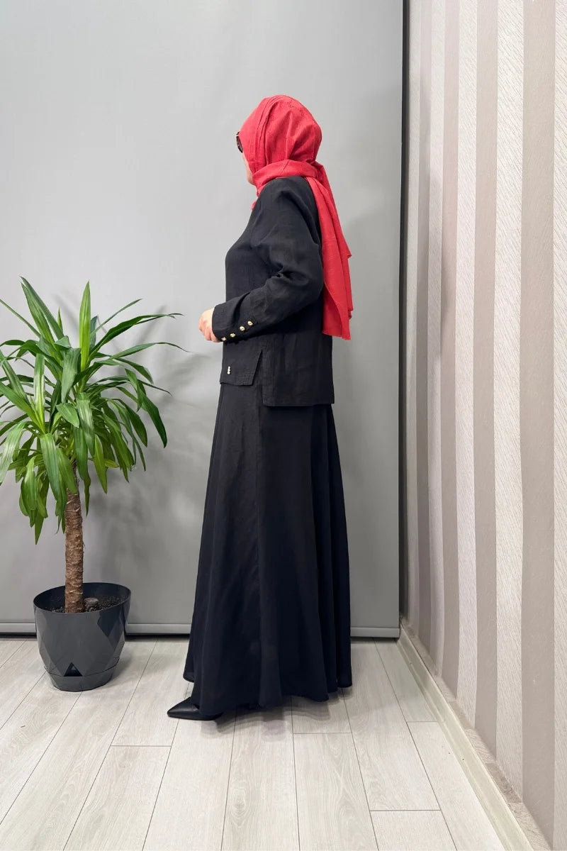 Miss Dalida Düz Renk Keten Kısa Ceket Siyah T25Y- 8048