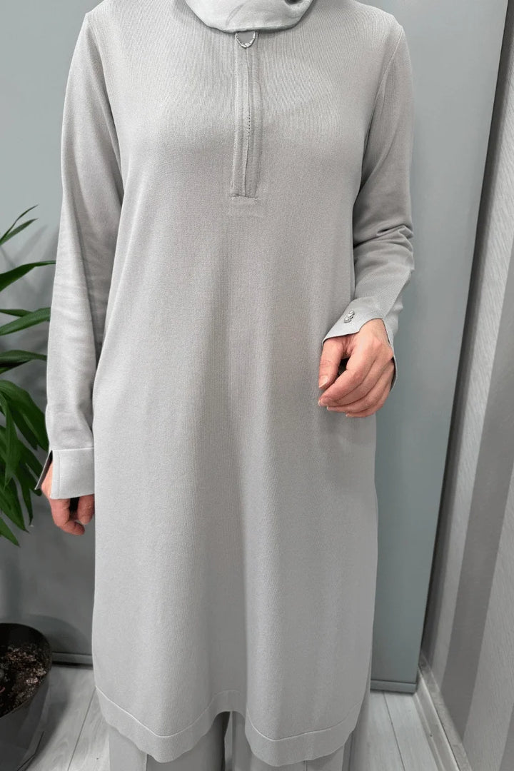Miss Dalida Fermuar Detaylı Triko Tunik Gri T25Y- 6017