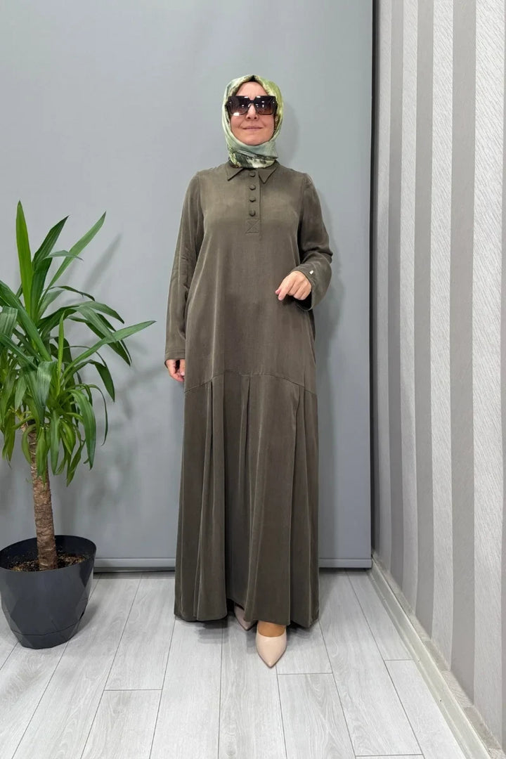 Miss Dalida Gömlek Yaka Cupro Elbise Siyah T26K- 4002 - Haki - Görsel 1 