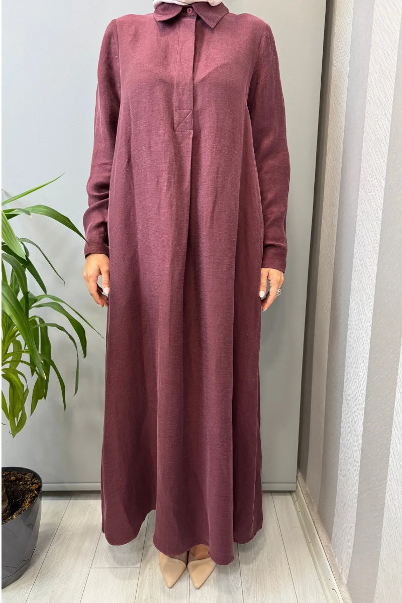 Miss Dalida Gömlek Yaka İpek Keten Uzun Elbise 2264351 - Bordo - Görsel 4 