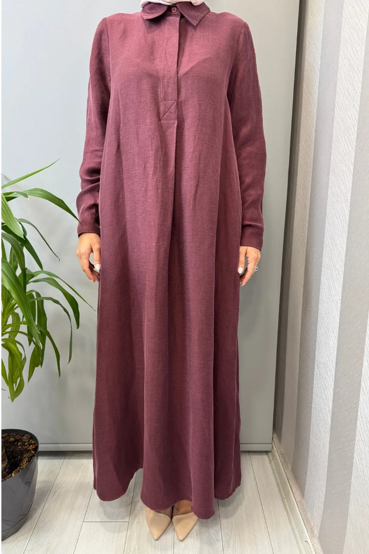 Miss Dalida Gömlek Yaka İpek Keten Uzun Elbise 2264351 - Bordo - Görsel 4 