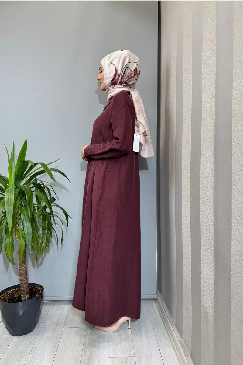 Miss Dalida Gömlek Yaka İpek Keten Uzun Elbise 2264351 - Bordo - Görsel 2 