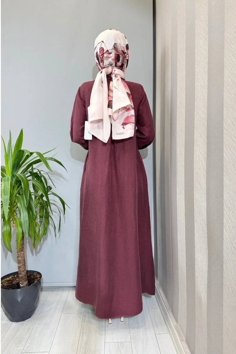 Miss Dalida Gömlek Yaka İpek Keten Uzun Elbise 2264351 - Bordo - Görsel 3 