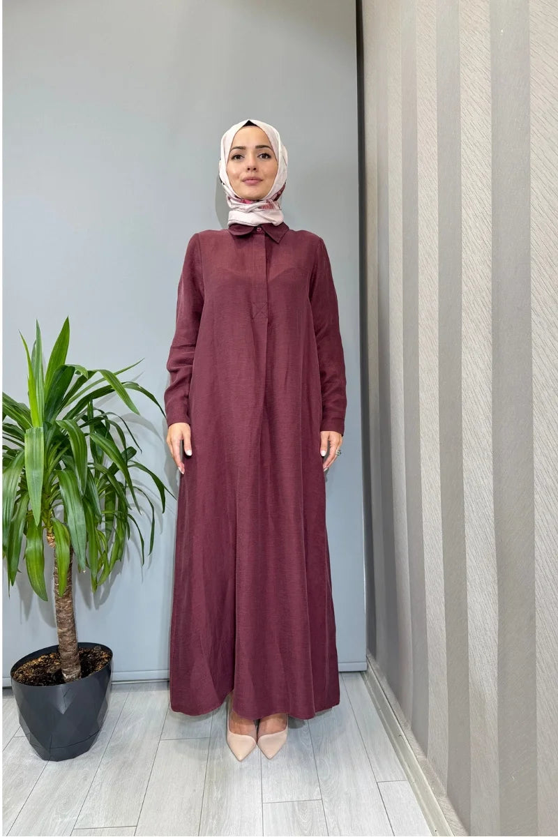 Miss Dalida Gömlek Yaka İpek Keten Uzun Elbise 2264351 - Bordo - Görsel 1 