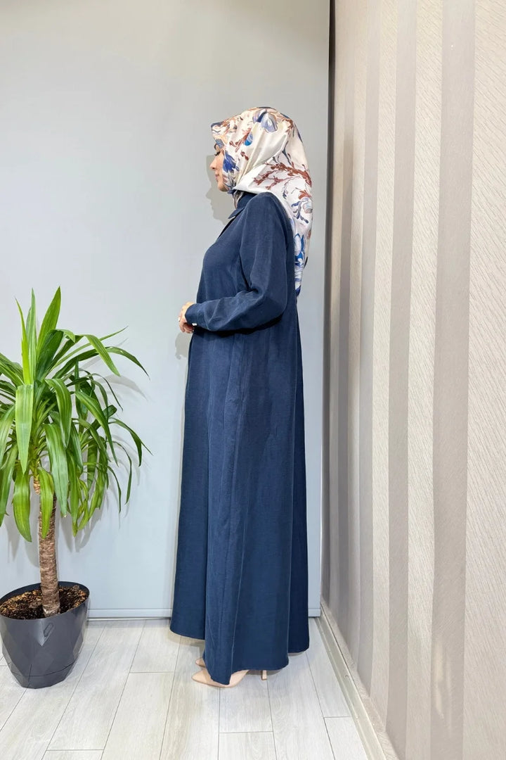 Miss Dalida Gömlek Yaka İpek Keten Uzun Elbise 2264351 - Lacivert - Görsel 2 