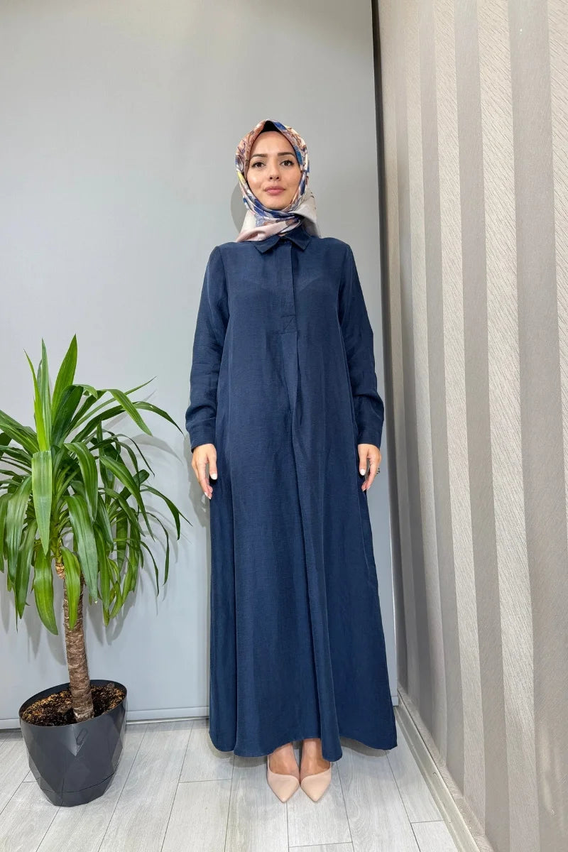 Miss Dalida Gömlek Yaka İpek Keten Uzun Elbise 2264351 - Lacivert - Görsel 1 