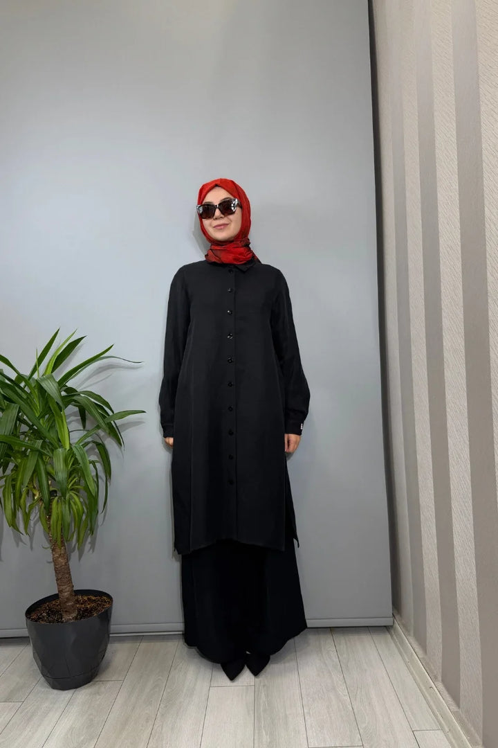 Miss Dalida İpek Keten Uzun Gömlek 2263351 - Siyah - Görsel 1 