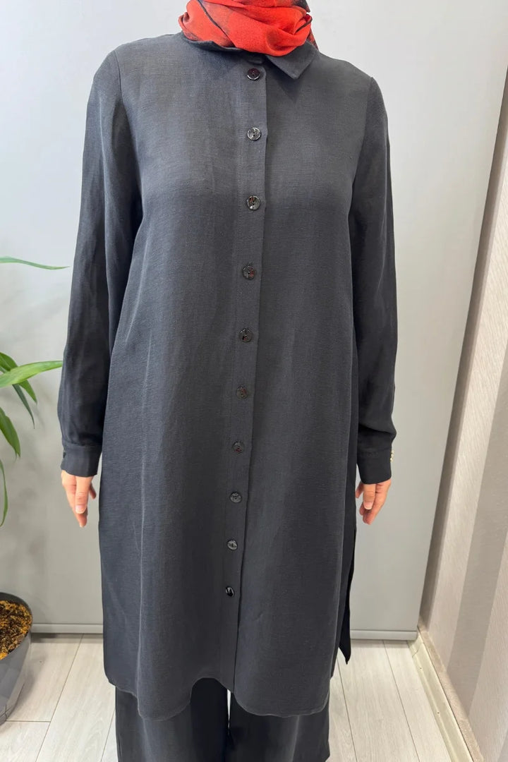 Miss Dalida İpek Keten Uzun Gömlek 2263351 - Siyah - Görsel 4 