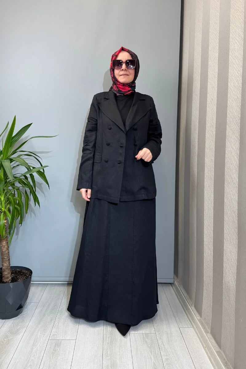 Miss Dalida Kruvaze Kesim Keten Uzun Ceket 2268257 - Siyah - Görsel 1 #renk_siyah