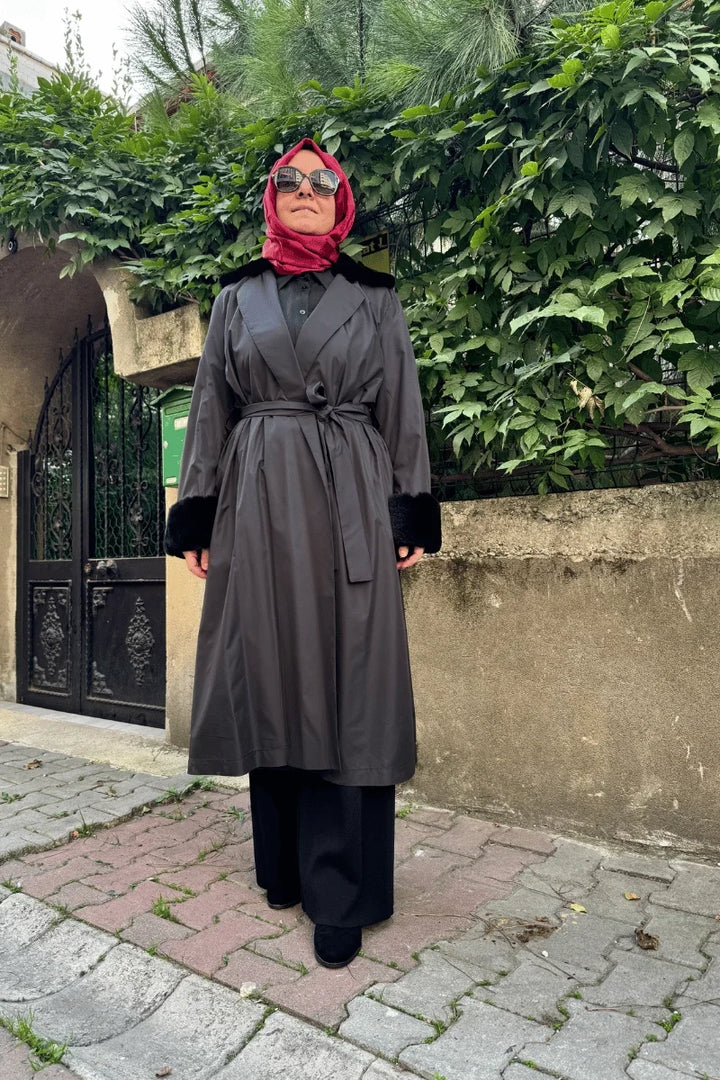 Miss Dalida Kürklü Triko Astarlı Trençkot Siyah T25K- 8005