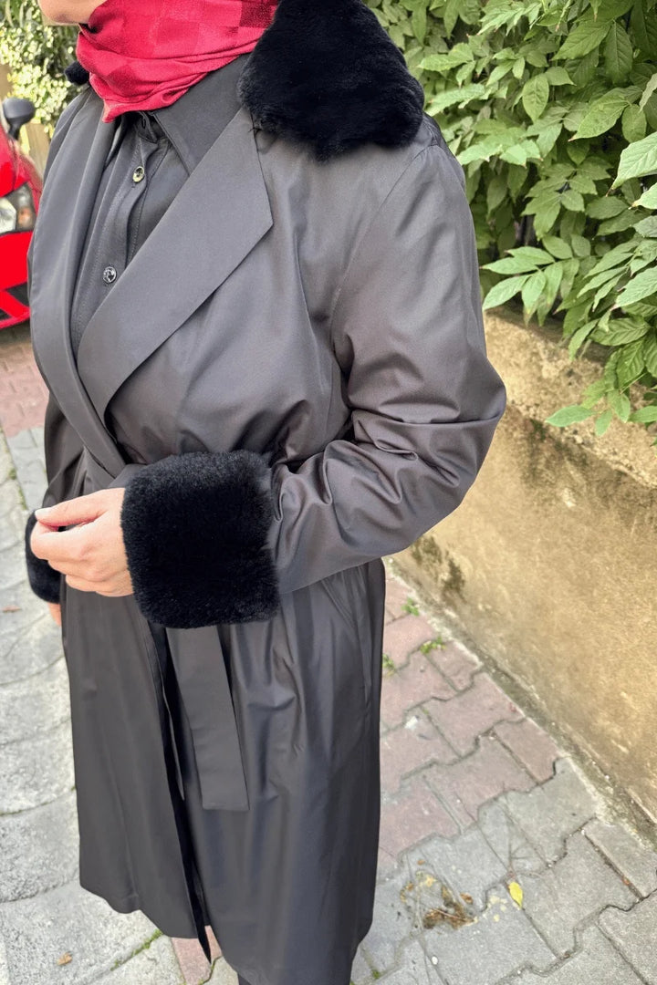 Miss Dalida Kürklü Triko Astarlı Trençkot Siyah T25K- 8005