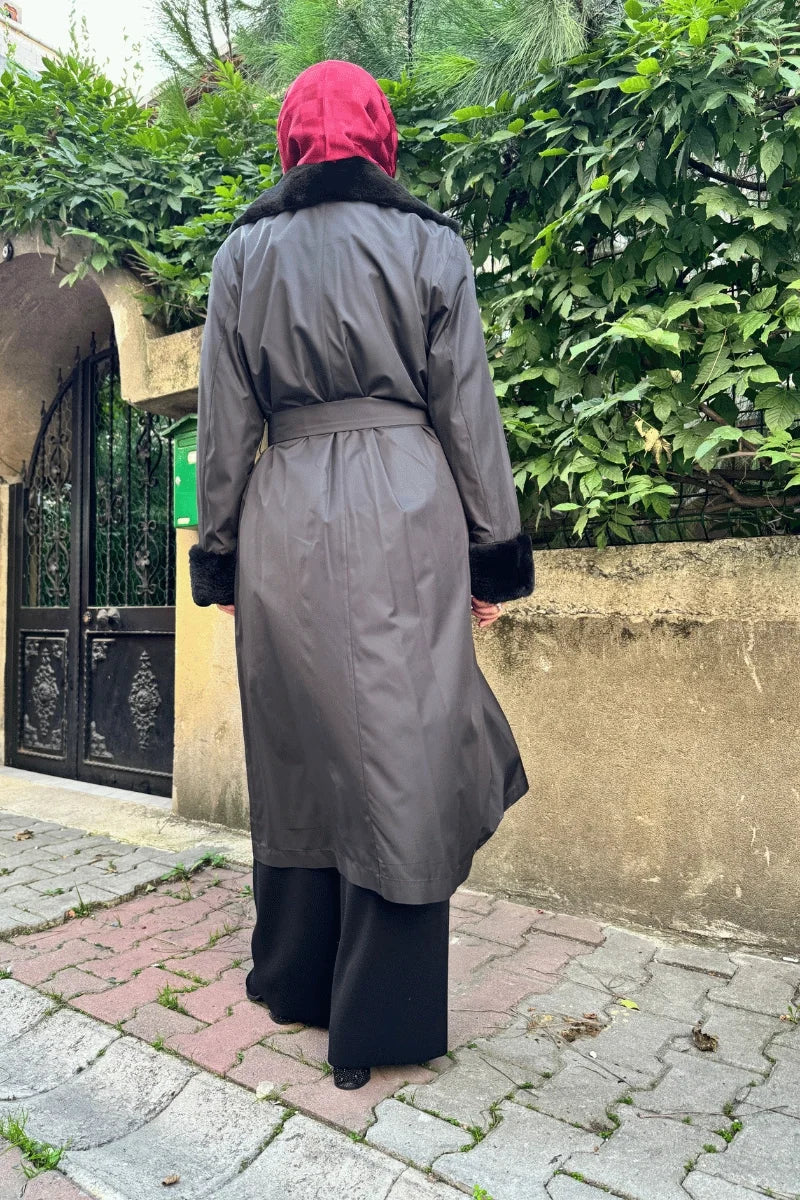 Miss Dalida Kürklü Triko Astarlı Trençkot Siyah T25K- 8005
