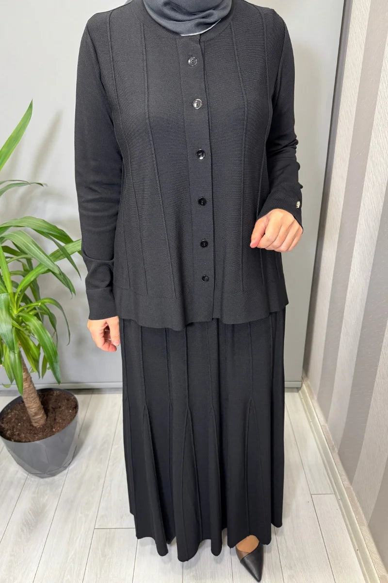 Miss Dalida Örgü Teknikli Etek ve Hırka Takım Siyah T25PF-9205 (2005)