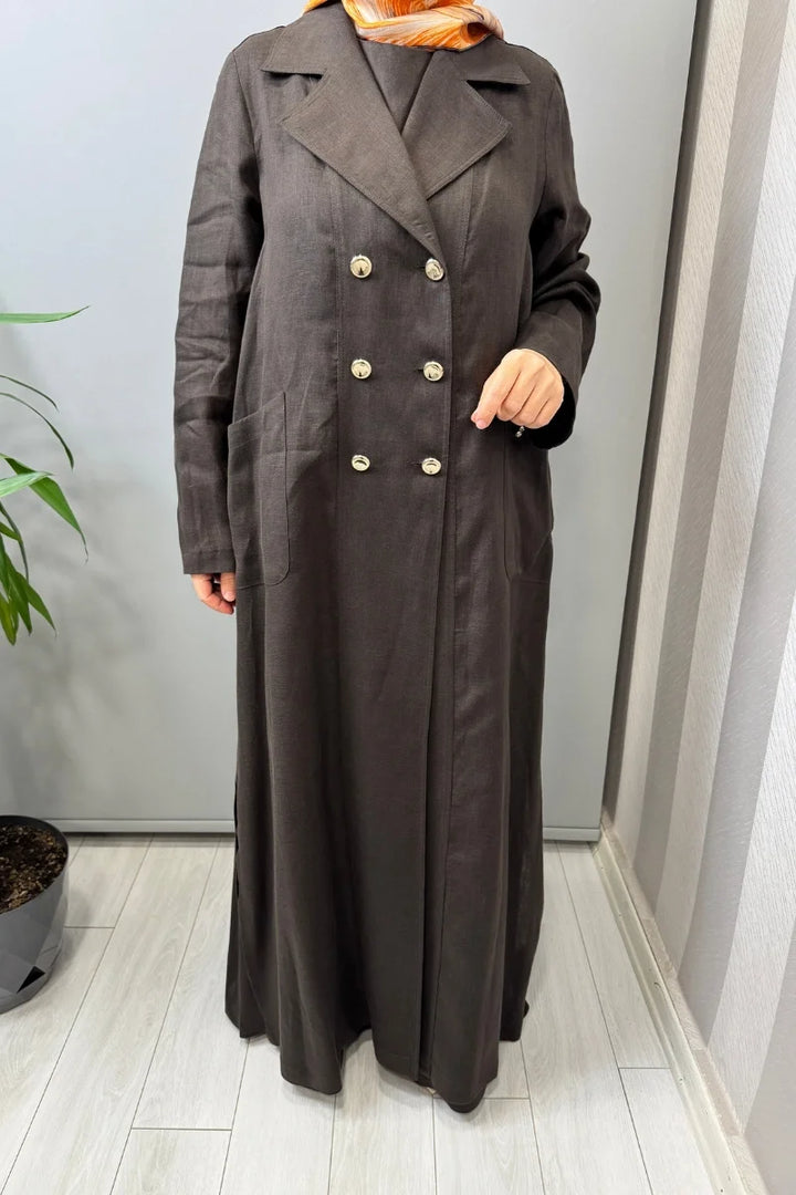 Miss Dalida Tam Boy Kruvaze Keten Ceket 2268281 - Kahve - Görsel 4 