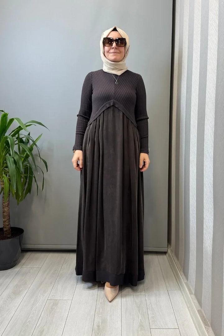 Miss Dalida Triko Cupro Elbise Siyah T26Y- 4001 - Kahve - Görsel 1 