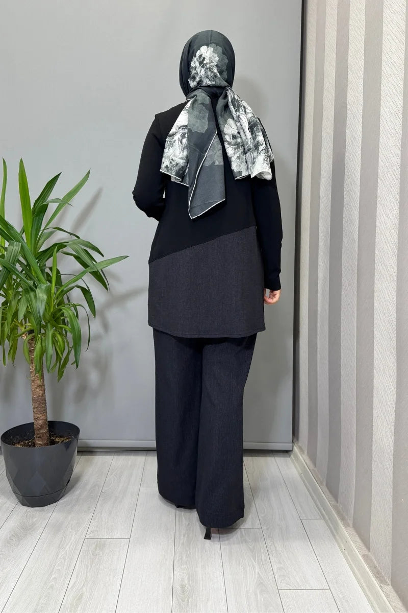 Miss Dalida Triko Denim Detaylı Tunik ve Boru Paça Pantolon Takım Siyah T25PF-6018 (7008)