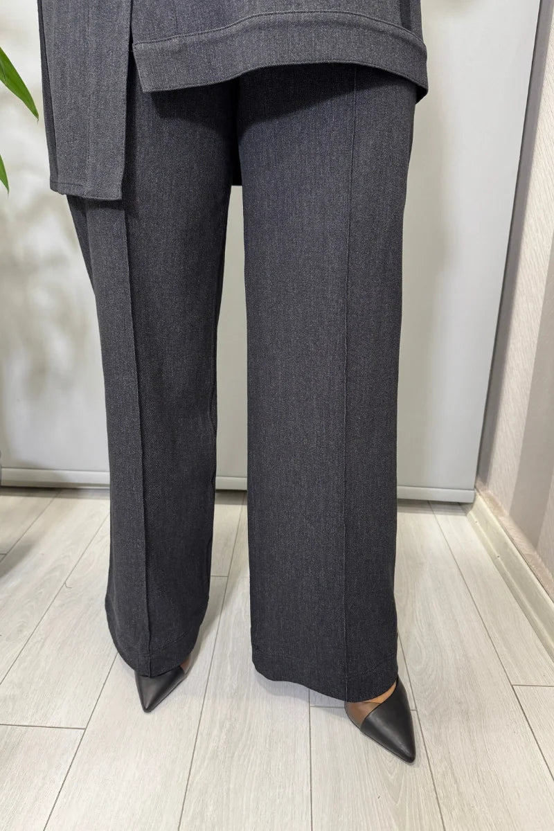 Miss Dalida Triko Denim Detaylı Tunik ve Boru Paça Pantolon Takım Siyah T25PF-6018 (7008)