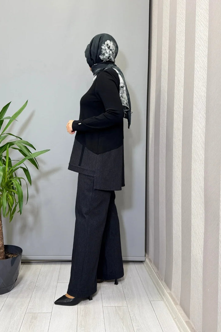 Miss Dalida Triko Denim Detaylı Tunik ve Boru Paça Pantolon Takım Siyah T25PF-6018 (7008)