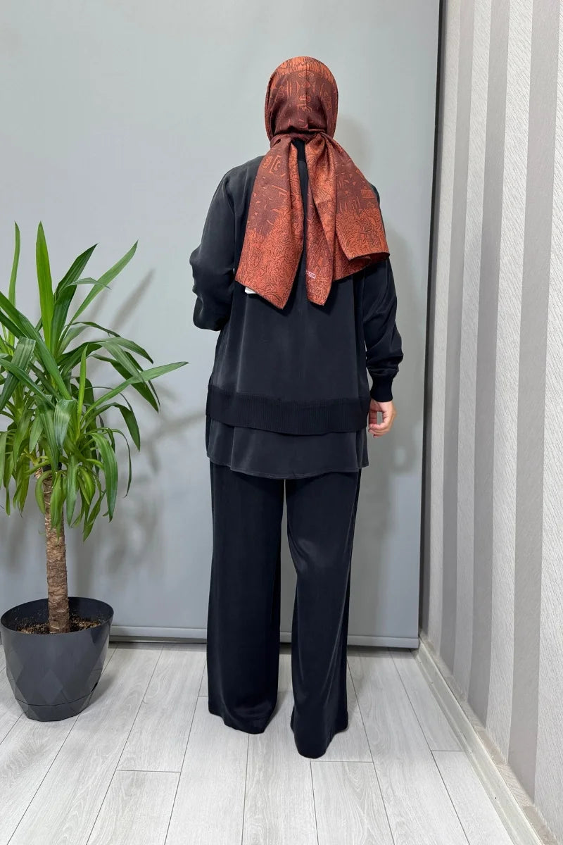 Miss Dalida Triko Detaylı Cupro İpek Tunik Siyah T26K- 6019 - Siyah - Görsel 3 