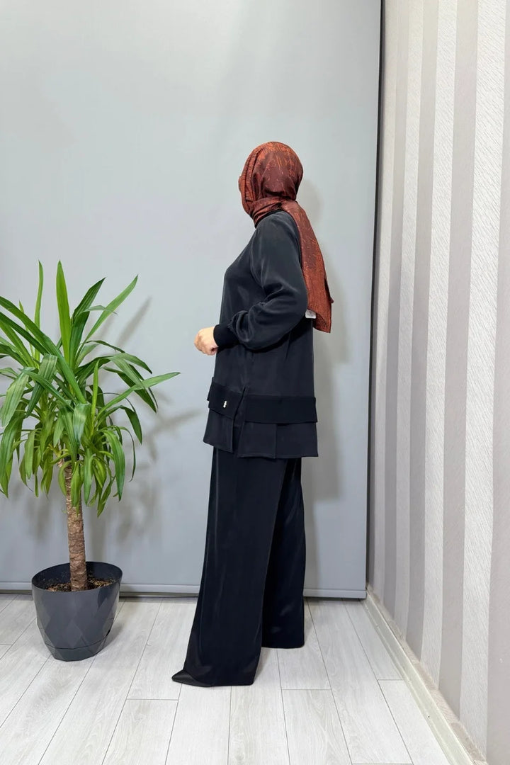 Miss Dalida Triko Detaylı Cupro İpek Tunik Siyah T26K- 6019 - Siyah - Görsel 2 