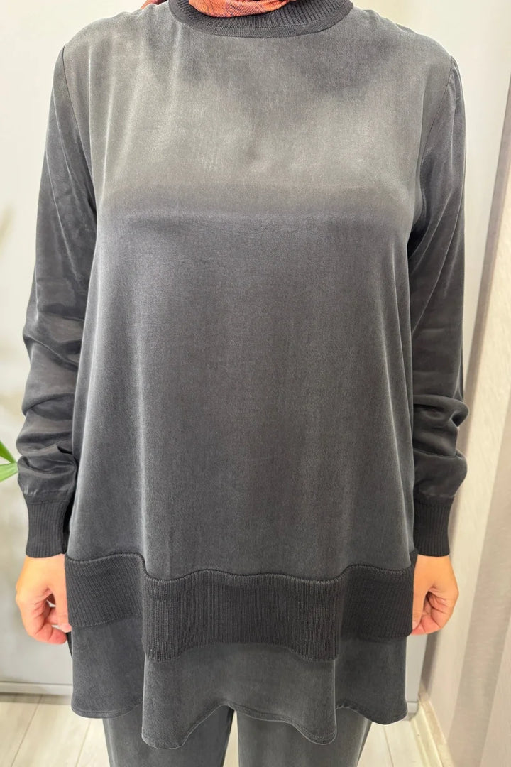 Miss Dalida Triko Detaylı Cupro İpek Tunik Siyah T26K- 6019 - Siyah - Görsel 5 