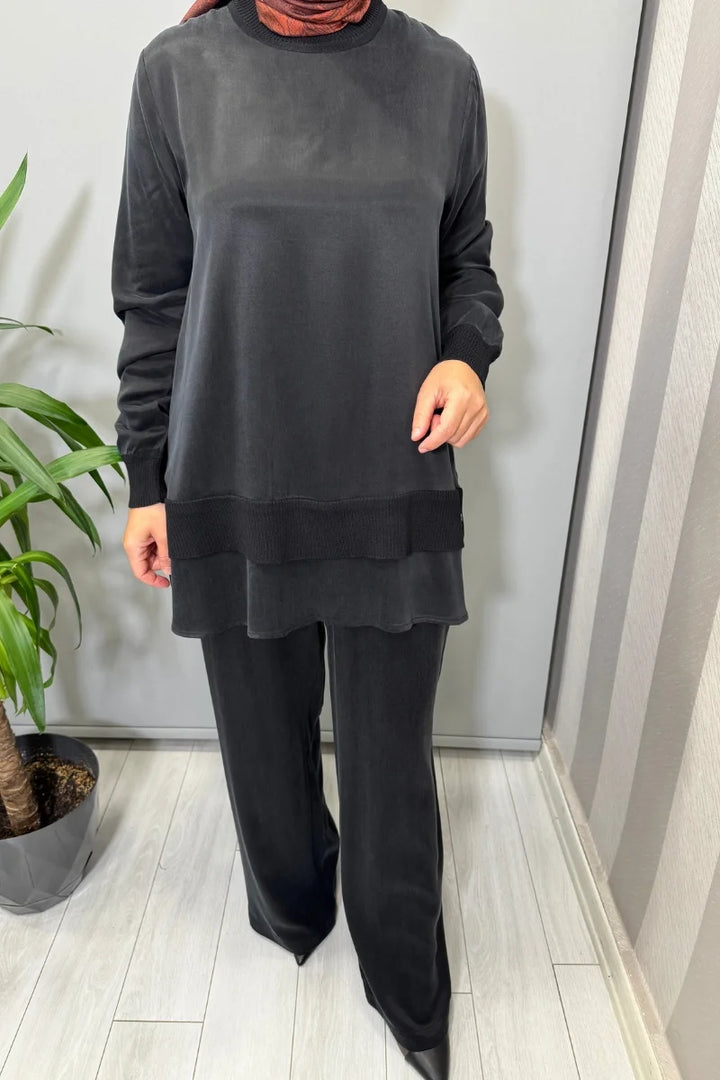 Miss Dalida Triko Detaylı Cupro İpek Tunik Siyah T26K- 6019 - Siyah - Görsel 4 
