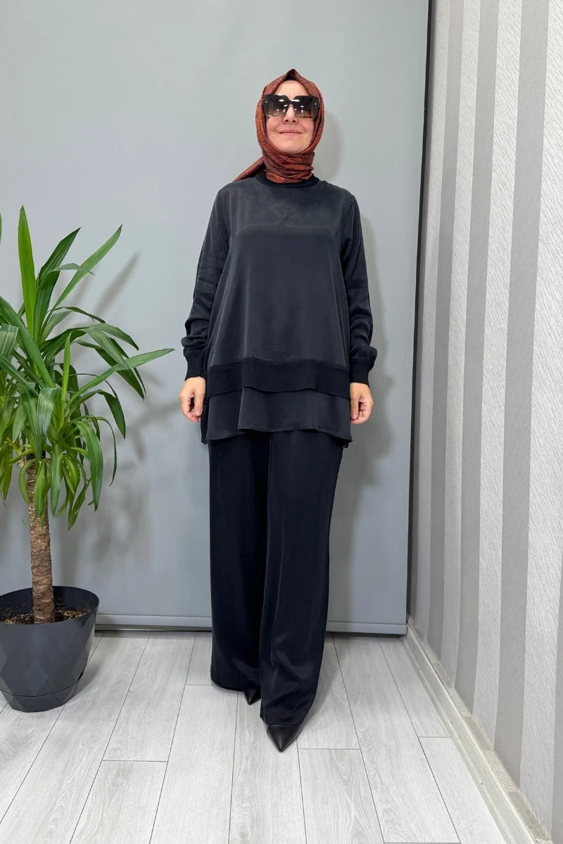 Miss Dalida Triko Detaylı Cupro İpek Tunik Siyah T26K- 6019 - Siyah - Görsel 1 #renk_siyah