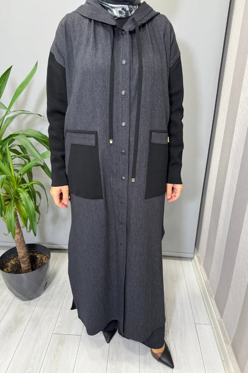 Miss Dalida Triko Detaylı Uzun Denim Kap Siyah T25PF- 8010