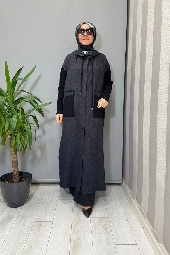 Miss Dalida Triko Detaylı Uzun Denim Kap Siyah T25PF- 8010