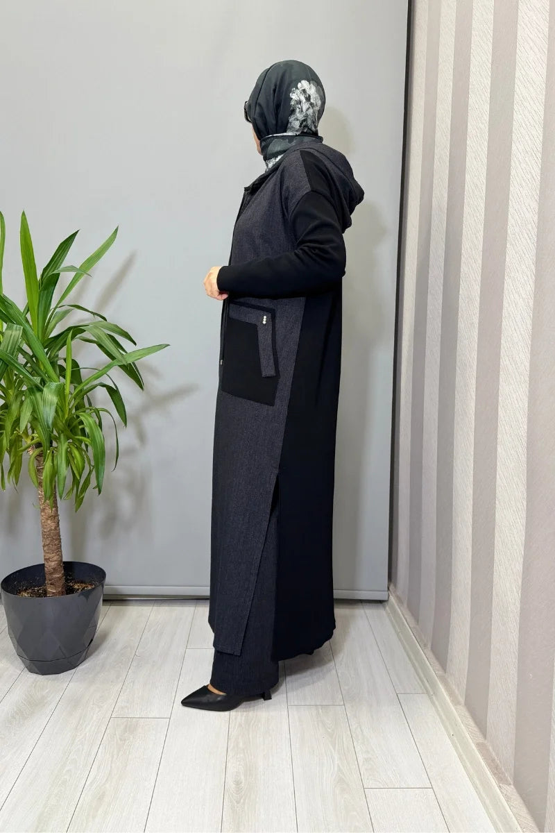 Miss Dalida Triko Detaylı Uzun Denim Kap Siyah T25PF- 8010
