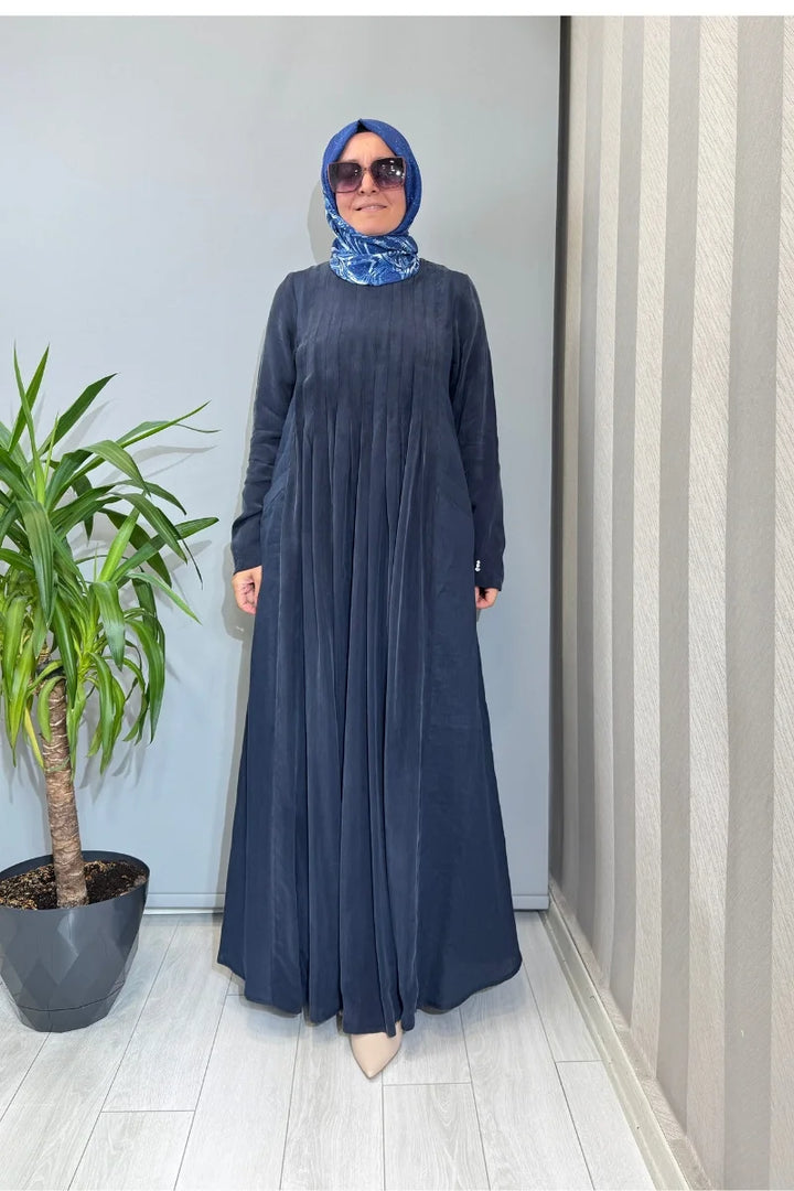 Miss Dalida Uzun Kollu Keten Cupro Elbise 2264257 - Lacivert - Görsel 1 