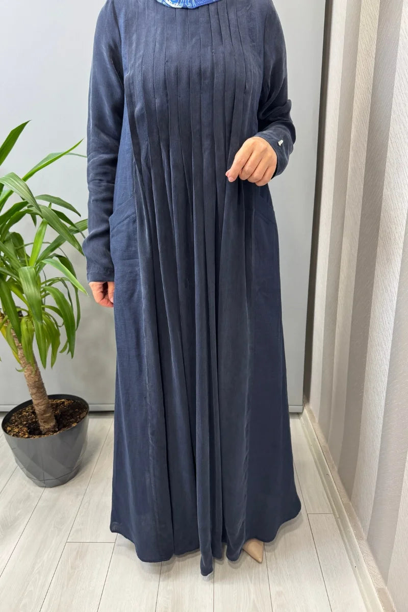 Miss Dalida Uzun Kollu Keten Cupro Elbise 2264257 - Lacivert - Görsel 4 