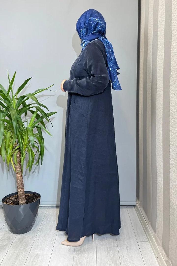 Miss Dalida Uzun Kollu Keten Cupro Elbise 2264257 - Lacivert - Görsel 2 