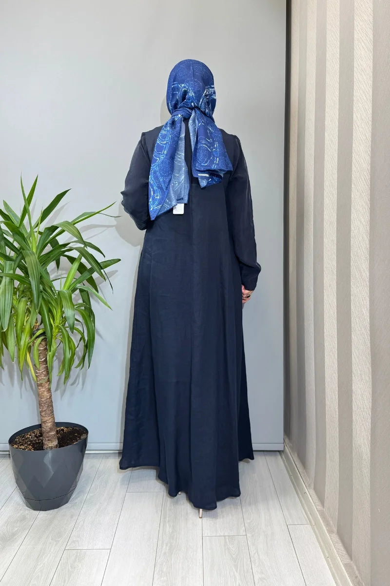 Miss Dalida Uzun Kollu Keten Cupro Elbise 2264257 - Lacivert - Görsel 3 
