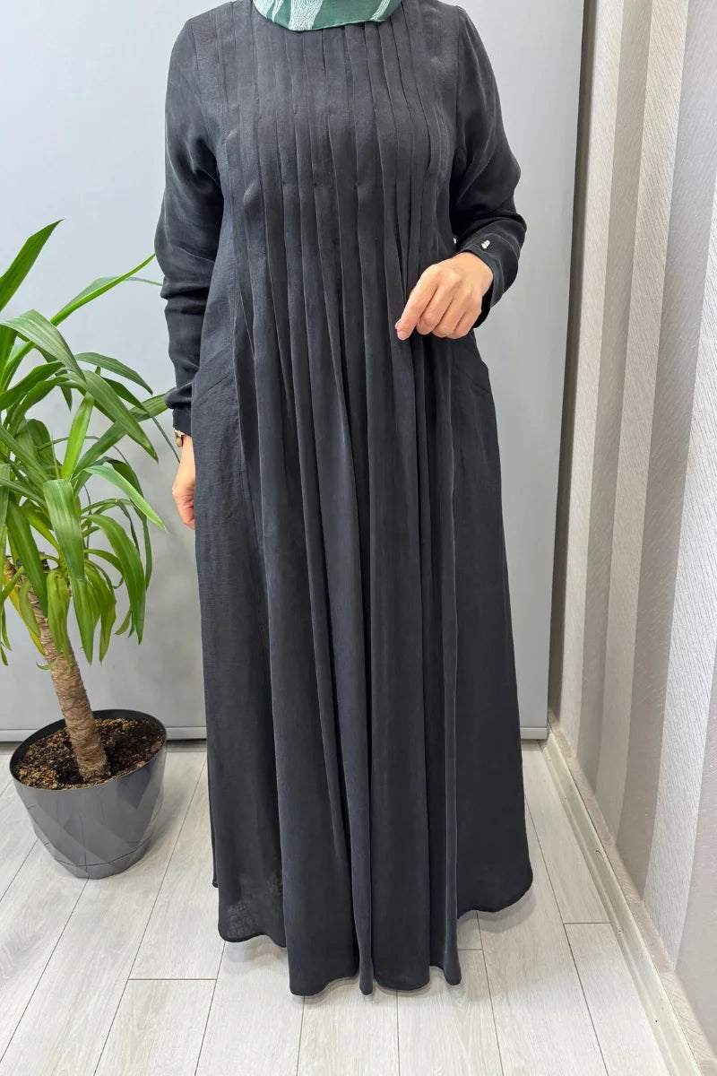 Miss Dalida Uzun Kollu Keten Cupro Elbise 2264257 - Siyah - Görsel 4 
