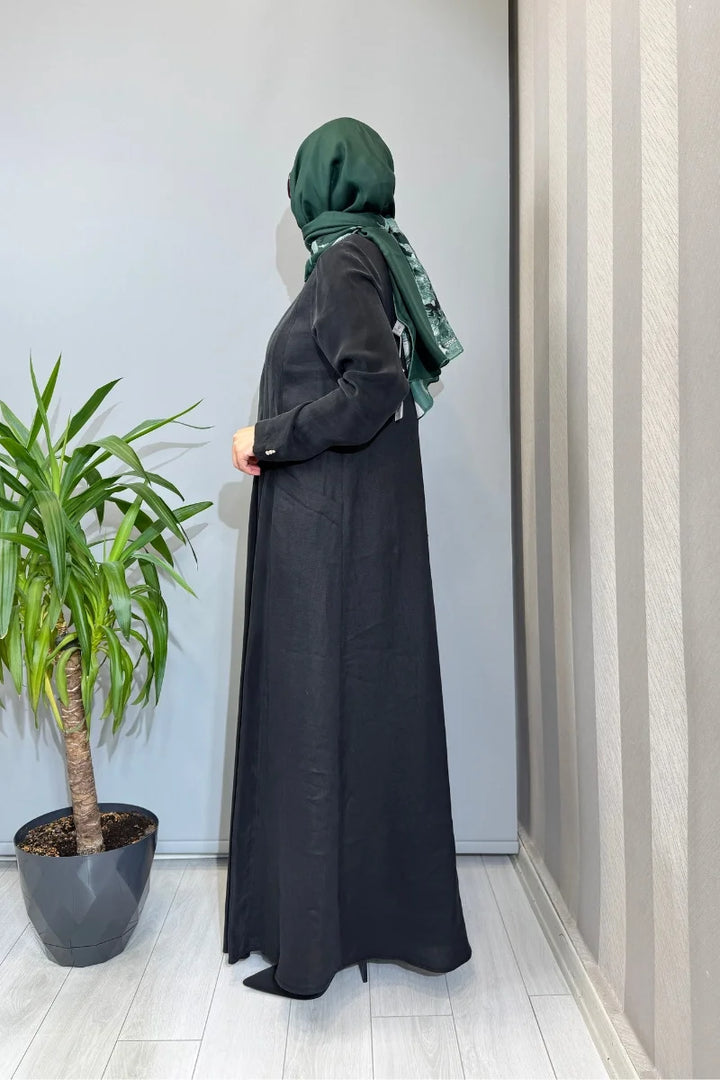 Miss Dalida Uzun Kollu Keten Cupro Elbise 2264257 - Siyah - Görsel 2 