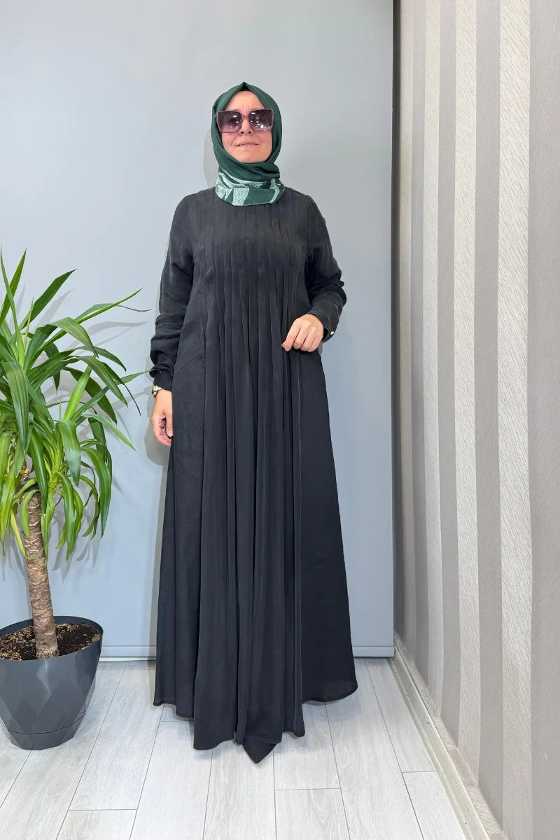 Miss Dalida Uzun Kollu Keten Cupro Elbise 2264257 - Siyah - Görsel 1 #renk_siyah
